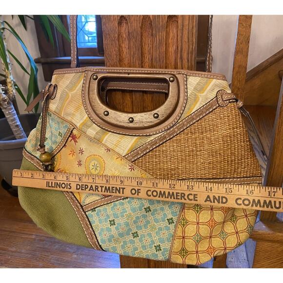 Fossil Patchwork Purse Canvas Rattan Wood Handle Detachable Leather Strap Pocket - Picture 6 of 11